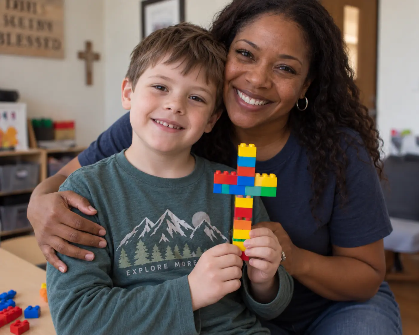 A woman hugs a smiling boy who holds up a cross he built out of colorful toy blocks.
